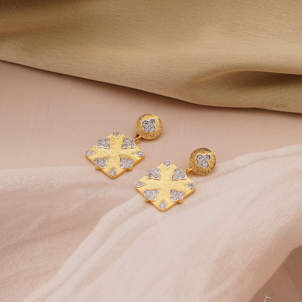 AGOR 925 Sterling Silver Square Drop Earrings Gold Plated Floral Motif Jewellery