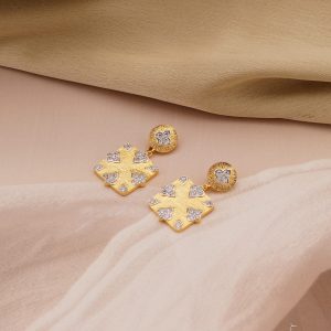 AGOR 925 Sterling Silver Square Drop Earrings Gold Plated Floral Motif Jewellery