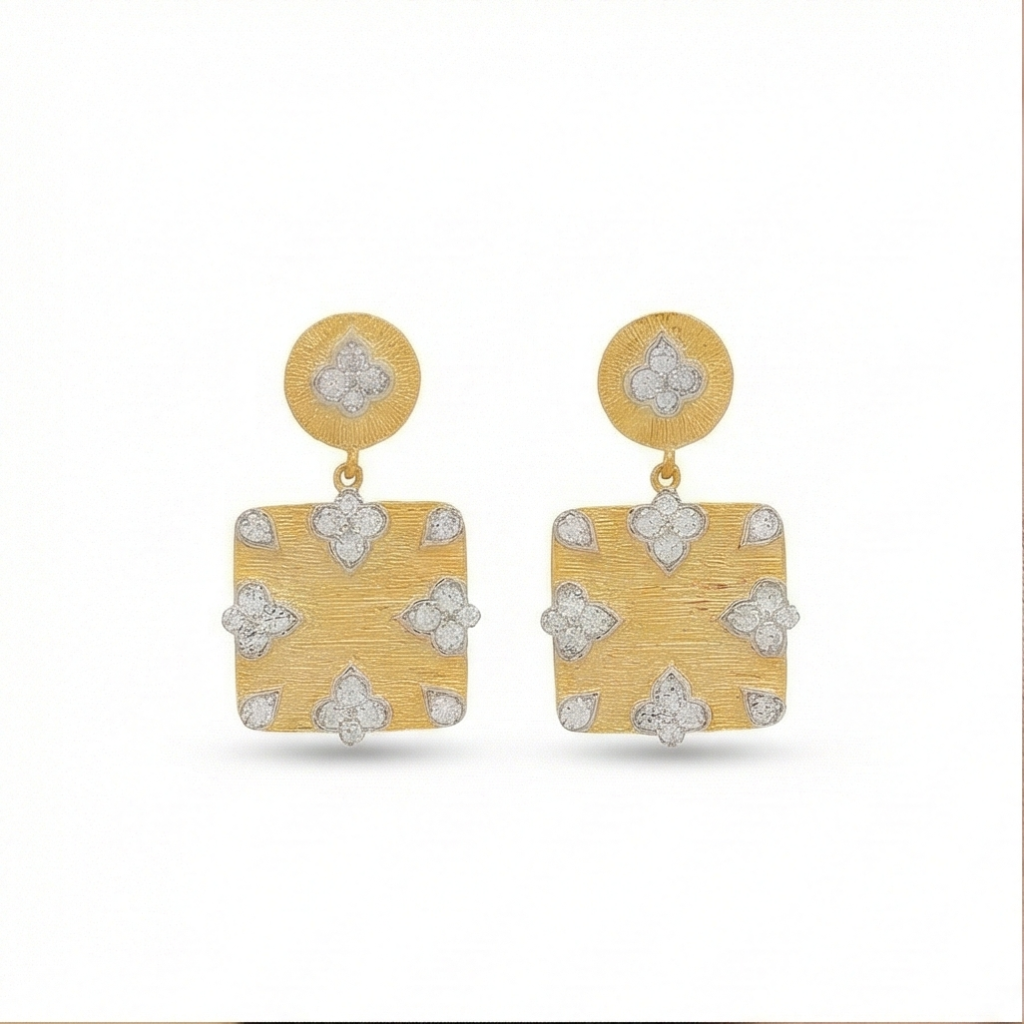AGOR 925 Sterling Silver Square Drop Earrings Gold Plated Floral Motif Jewellery
