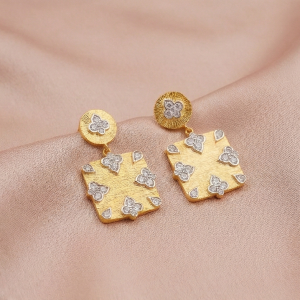 AGOR 925 Sterling Silver Square Drop Earrings Gold Plated Floral Motif Jewellery