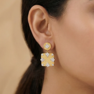 AGOR 925 Sterling Silver Square Drop Earrings Gold Plated Floral Motif Jewellery