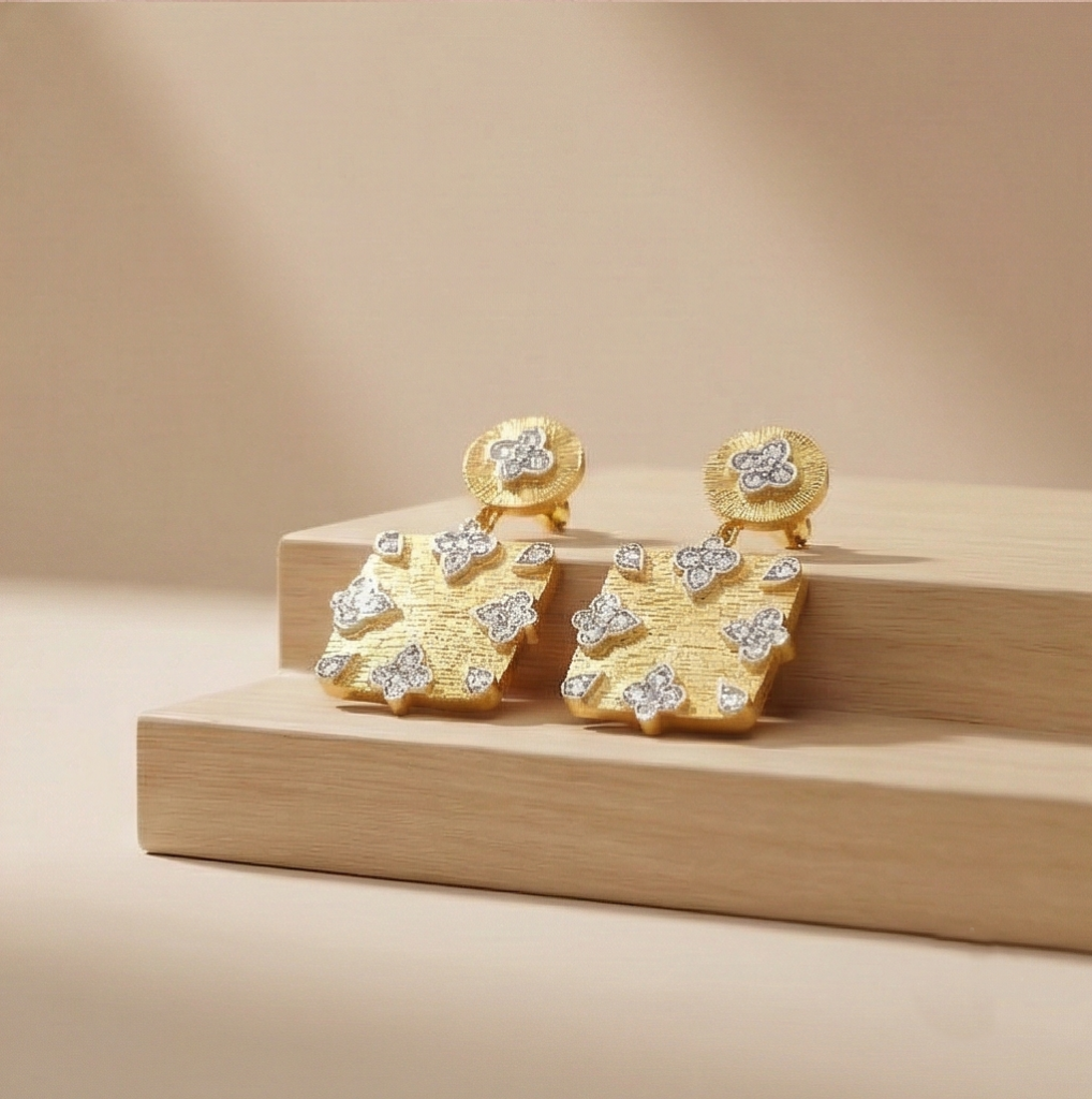 AGOR 925 Sterling Silver Square Drop Earrings Gold Plated Floral Motif Jewellery