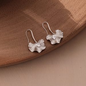 AGOR 925 Sterling Silver Ginkgo Leaf Drop Earrings Textured Platinum Finish Jewellery