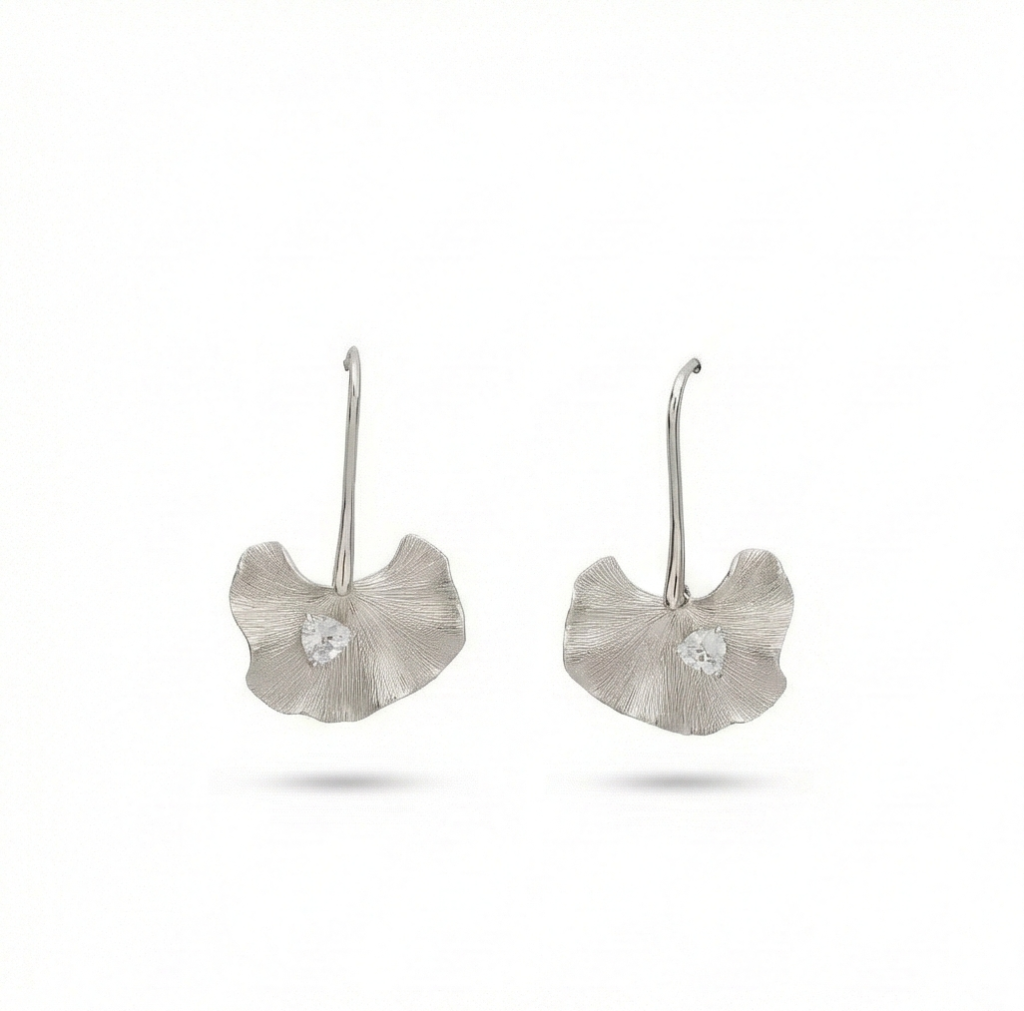 AGOR 925 Sterling Silver Ginkgo Leaf Drop Earrings Textured Platinum Finish Jewellery
