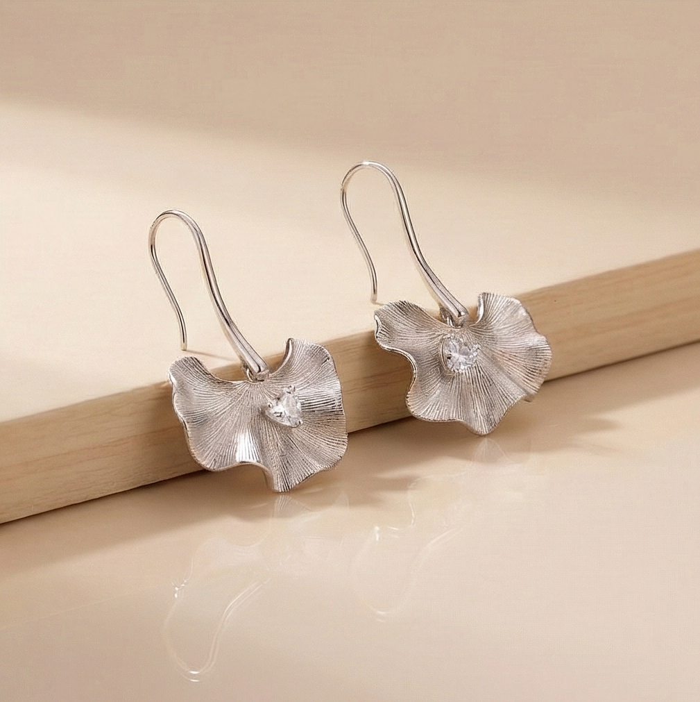 925 Sterling Silver Ginkgo Leaf Drop Earrings Textured Platinum Finish Jewellery
