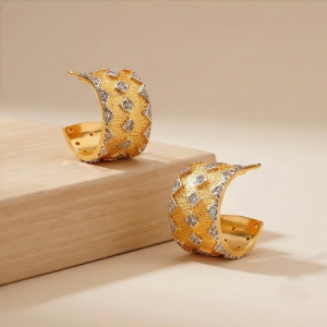 AGOR 925 Sterling Silver Geometric Pattern Hoop Earrings Gold Plated Textured Jewellery