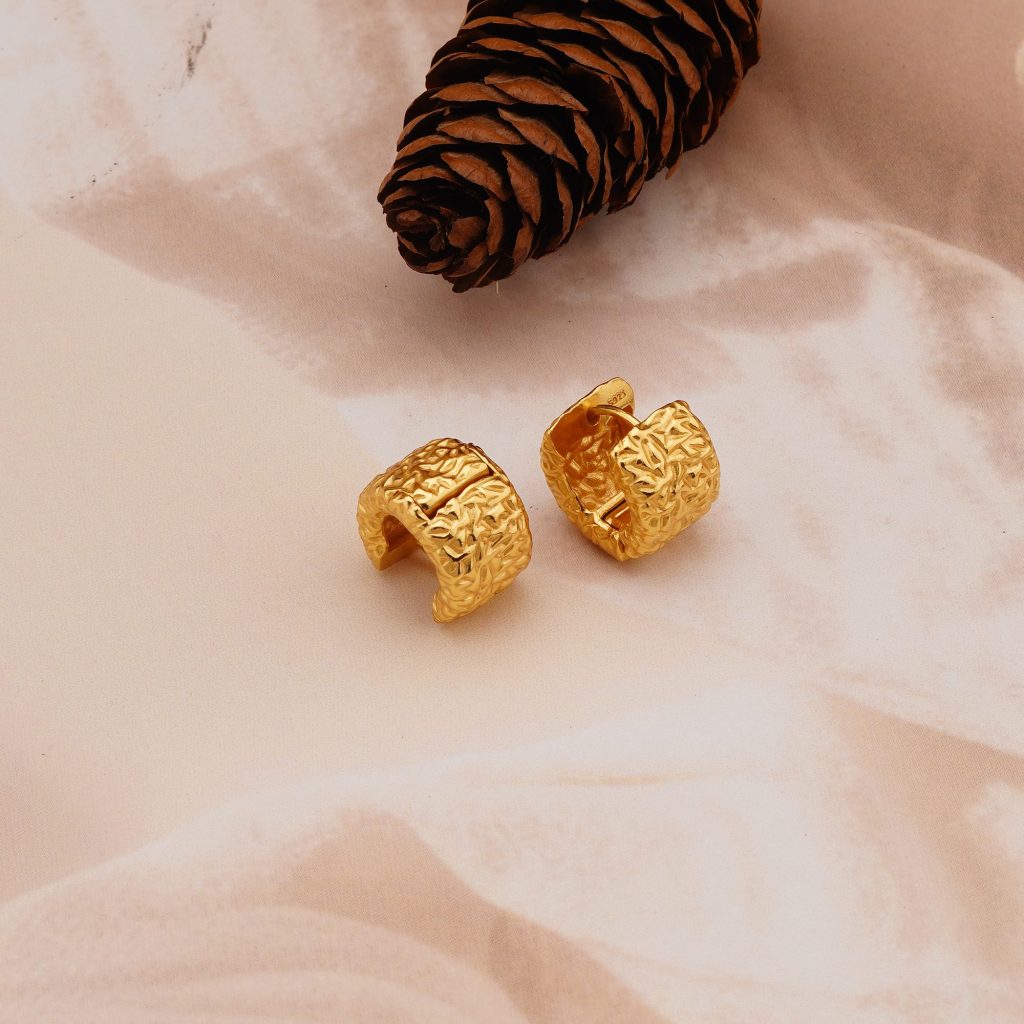 AGOR 925 Sterling Silver Textured Huggie Hoop Earrings Gold Plated Contemporary Jewellery