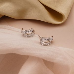 AGOR 925 Sterling Silver Double Row Hoop Earrings Platinum Finish Contemporary Jewellery