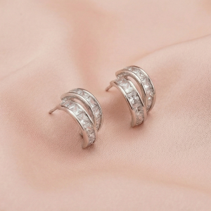AGOR 925 Sterling Silver Double Row Hoop Earrings Platinum Finish Contemporary Jewellery