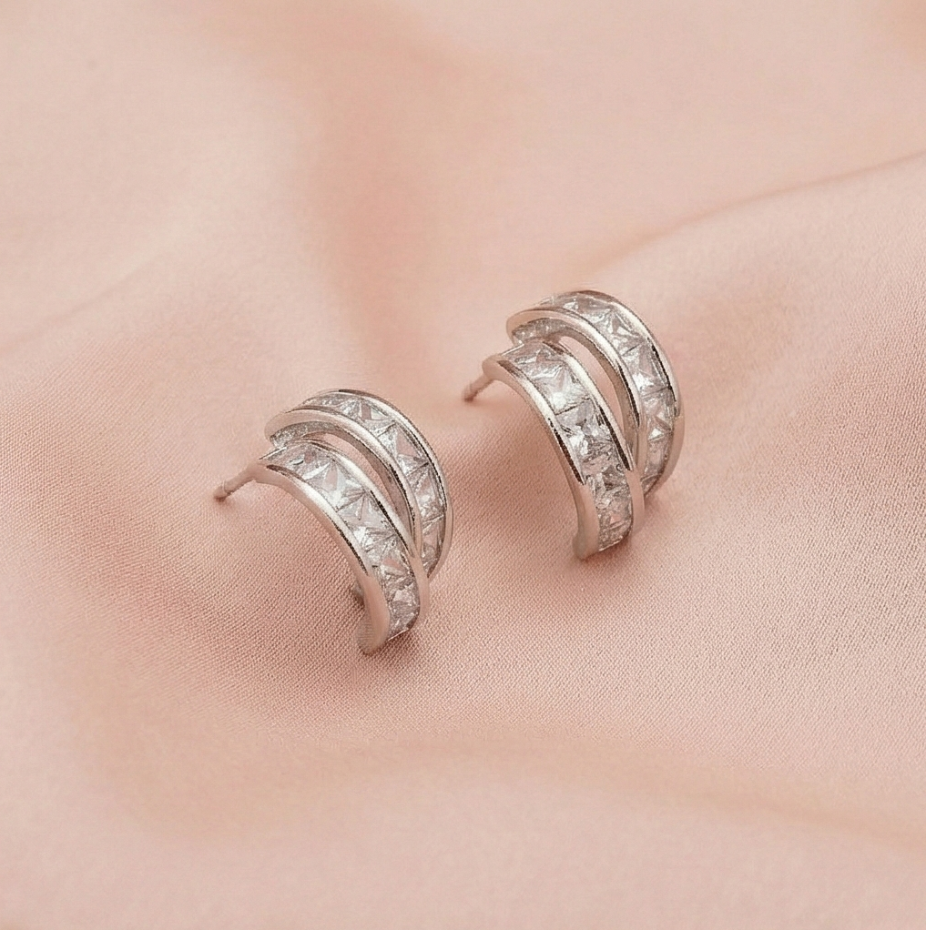 925 Sterling Silver Double Row Hoop Earrings Platinum Finish Contemporary Jewellery