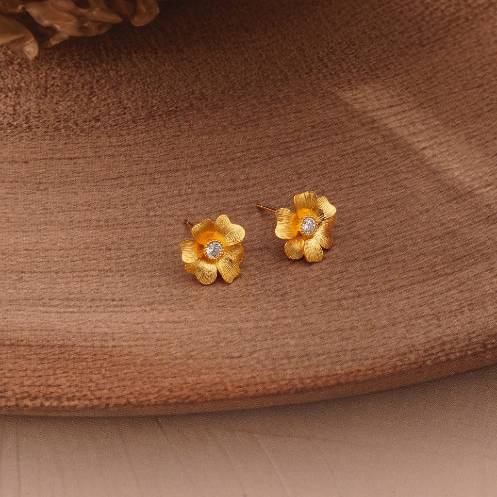 AGOR 925 Sterling Silver Textured Floral Stud Earrings Gold Plated Flower Jewellery