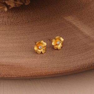 AGOR 925 Sterling Silver Textured Floral Stud Earrings Gold Plated Flower Jewellery