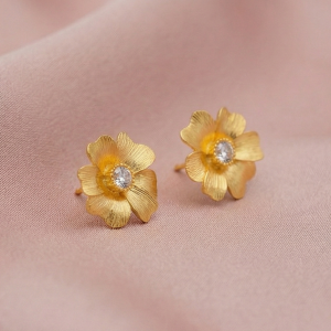 AGOR 925 Sterling Silver Textured Floral Stud Earrings Gold Plated Flower Jewellery