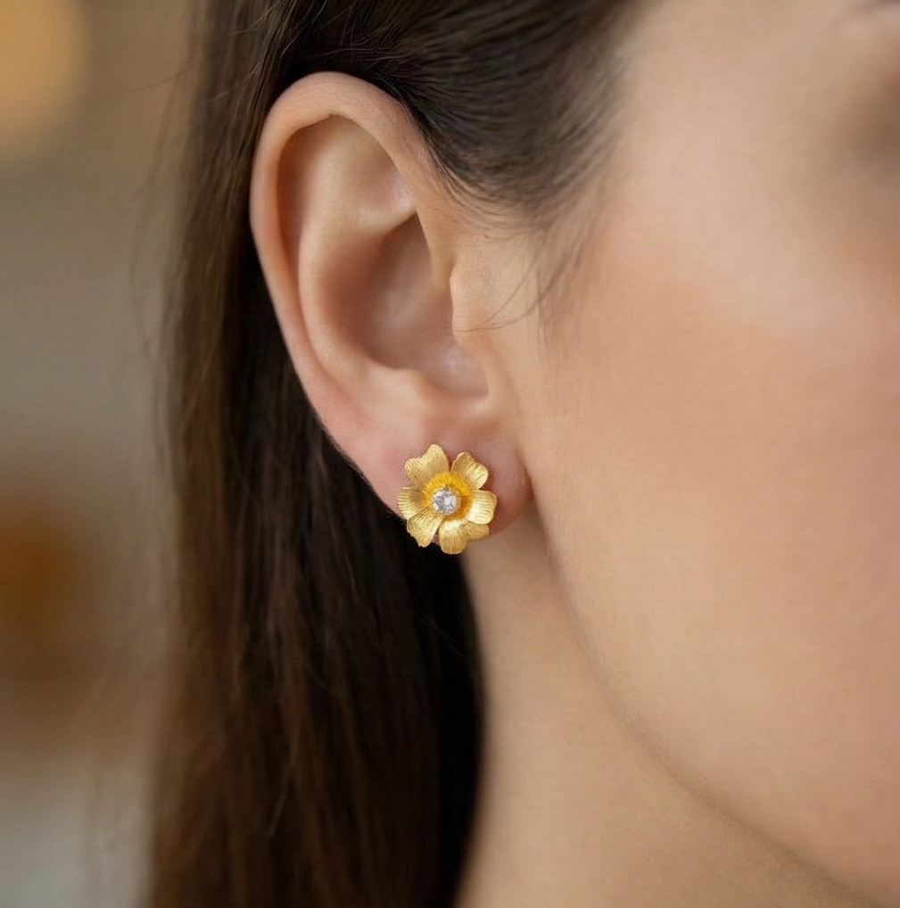 925 Sterling Silver Textured Floral Stud Earrings Gold Plated Flower Jewellery