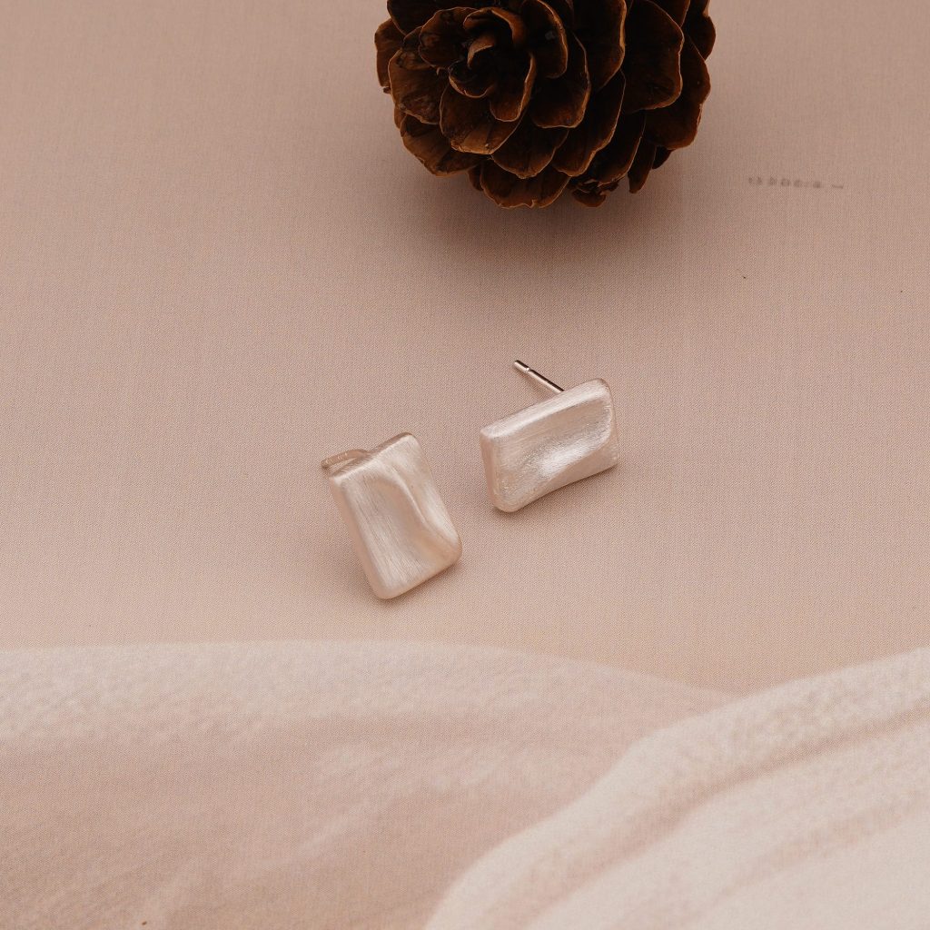 AGOR 925 Sterling Silver Textured Rectangular Stud Earrings Matte Finish Modern Jewellery