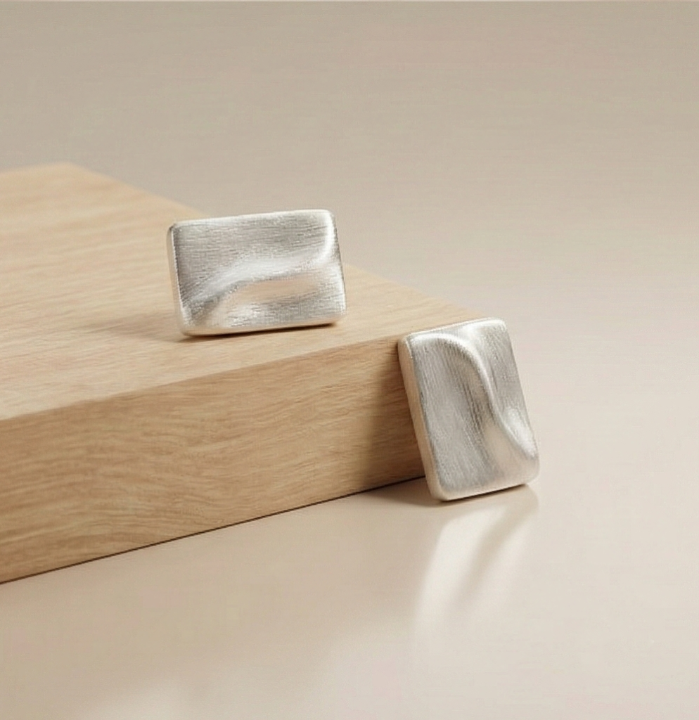 AGOR 925 Sterling Silver Textured Rectangular Stud Earrings Matte Finish Modern Jewellery