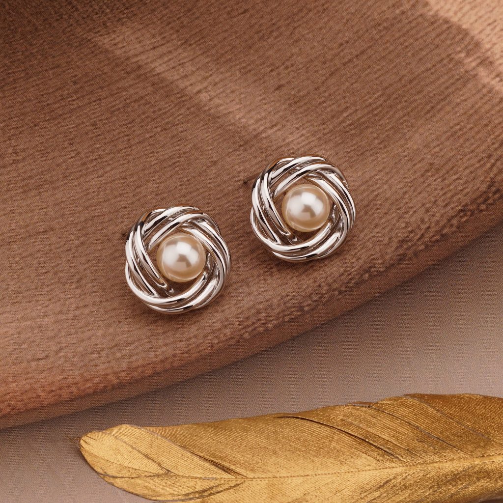AGOR 925 Sterling Silver Love Knot Pearl Stud Earrings High Polish Jewellery for Women