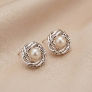 AGOR 925 Sterling Silver Love Knot Pearl Stud Earrings High Polish Jewellery for Women