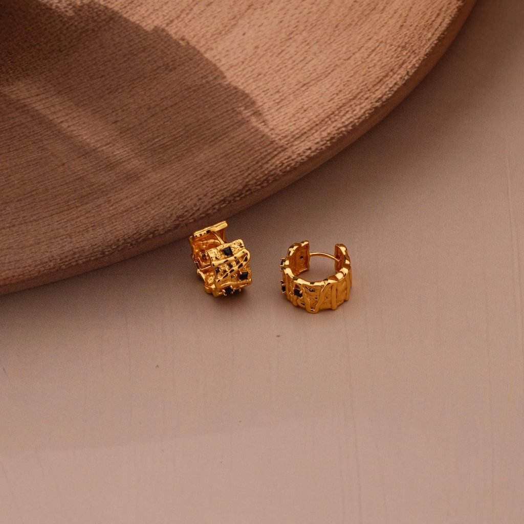 AGOR 925 Sterling Silver Organic Texture Huggie Earrings Gold Plated with Black Accents Jewellery