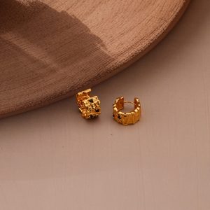AGOR 925 Sterling Silver Organic Texture Huggie Earrings Gold Plated with Black Accents Jewellery