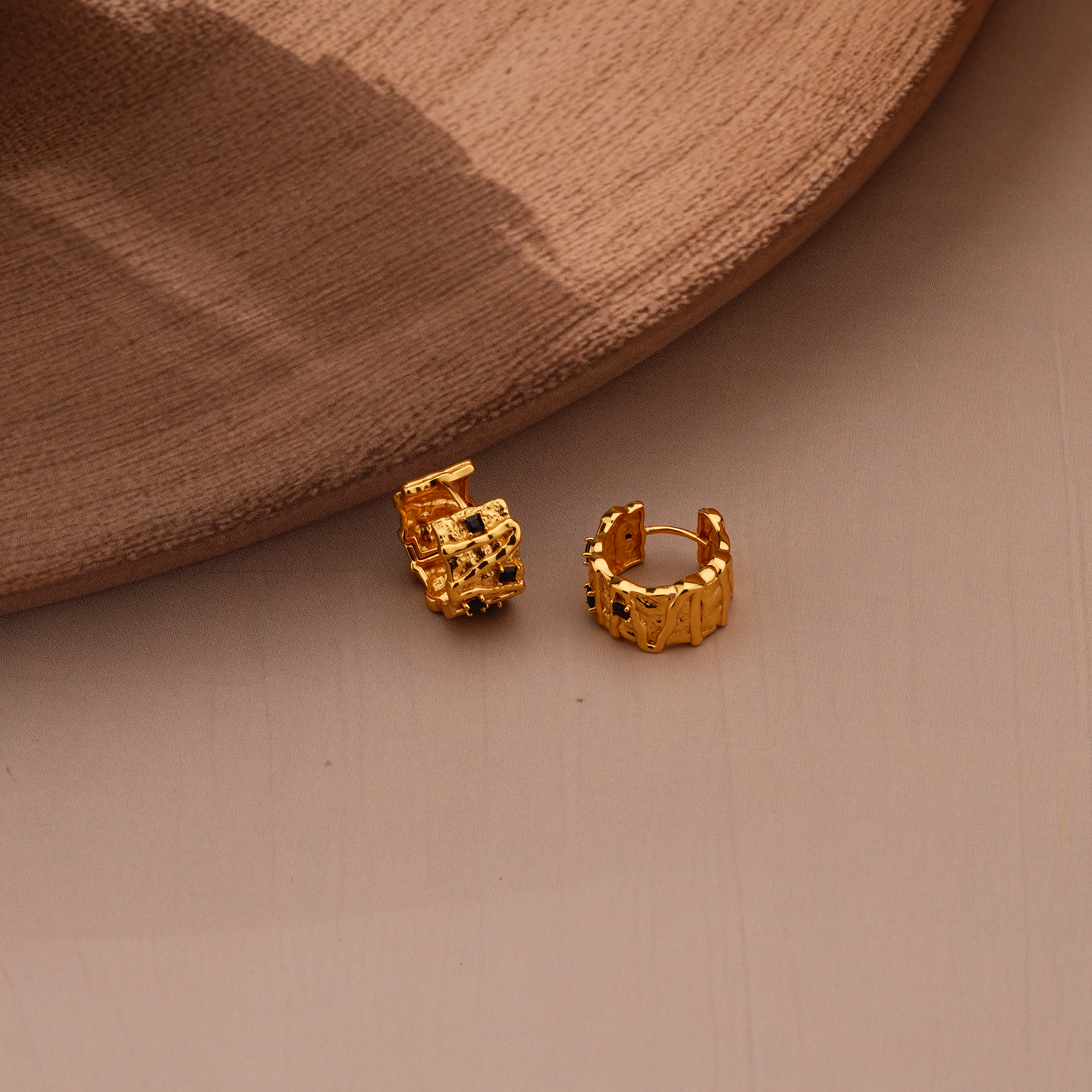 925 Sterling Silver Organic Texture Huggie Earrings Gold Plated with Black Accents Jewellery