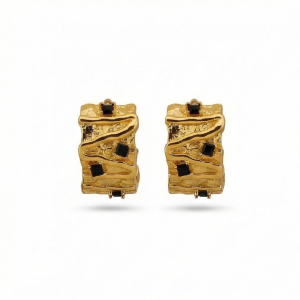 AGOR 925 Sterling Silver Organic Texture Huggie Earrings Gold Plated with Black Accents Jewellery