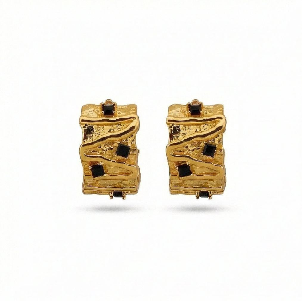 925 Sterling Silver Organic Texture Huggie Earrings Gold Plated with Black Accents Jewellery