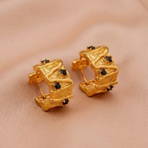 925 Sterling Silver Organic Texture Huggie Earrings Gold Plated with Black Accents Jewellery
