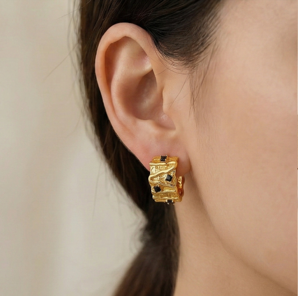 AGOR 925 Sterling Silver Organic Texture Huggie Earrings Gold Plated with Black Accents Jewellery