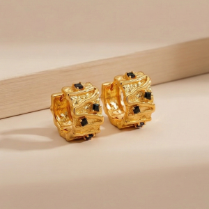 925 Sterling Silver Organic Texture Huggie Earrings Gold Plated with Black Accents Jewellery