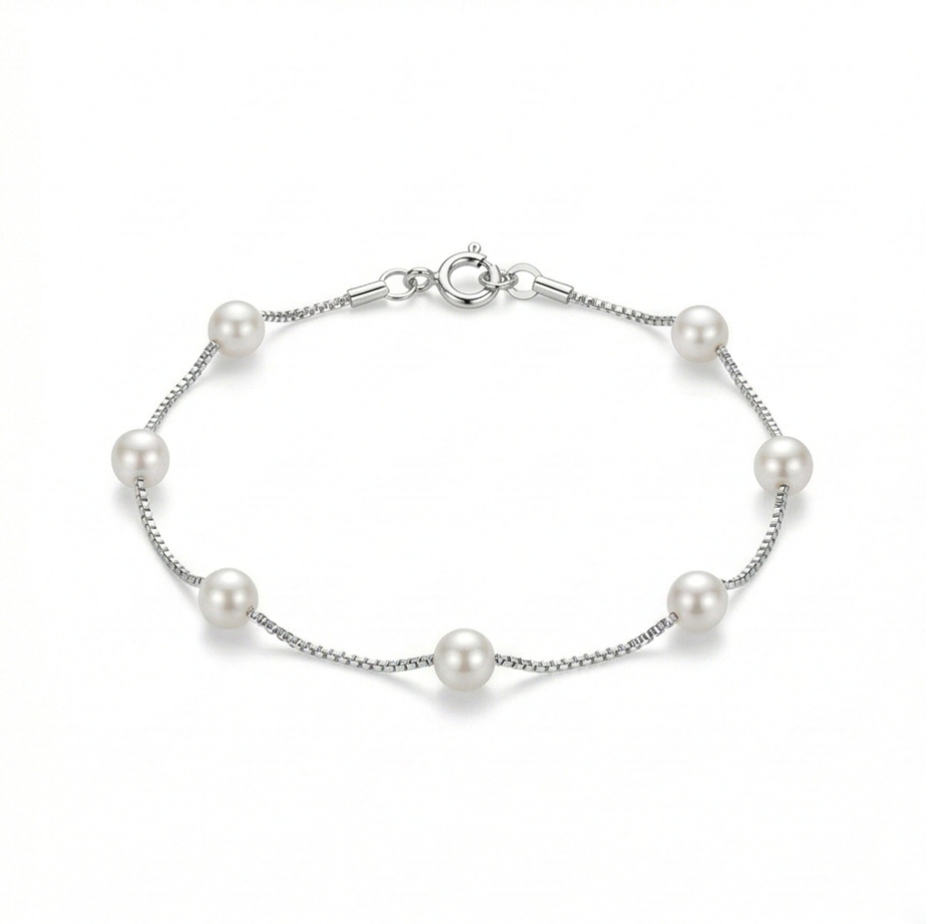 AGOR LUXE 925 Sterling Silver Delicate Pearl Box Chain Bracelet Jewellery for Women