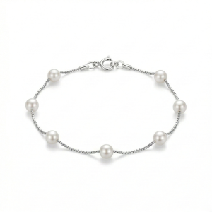 AGOR LUXE 925 Sterling Silver Delicate Pearl Box Chain Bracelet Jewellery for Women