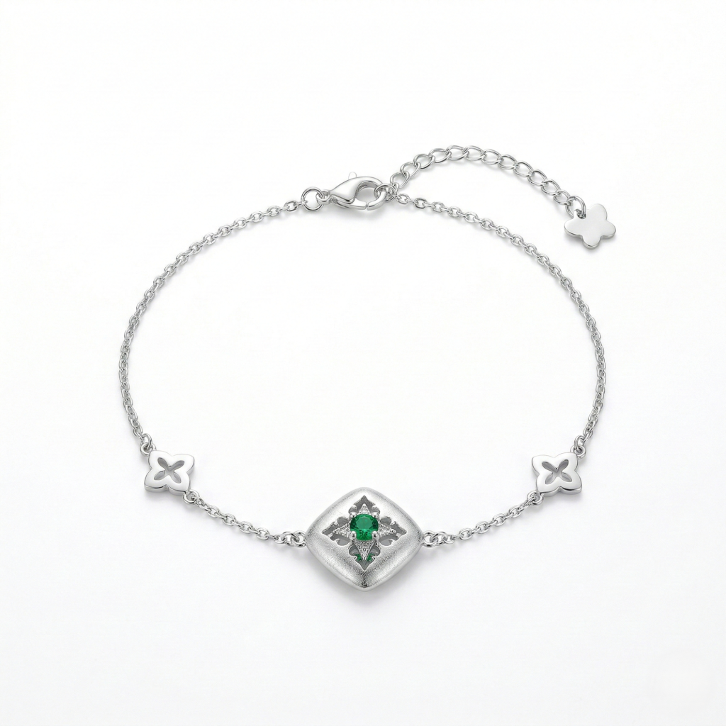 AGOR LUXE 925 Sterling Silver Geometric Emerald Green Centerpiece Chain Bracelet Jewellery for Women