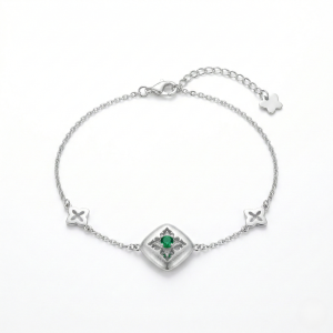 AGOR LUXE 925 Sterling Silver Geometric Emerald Green Centerpiece Chain Bracelet Jewellery for Women