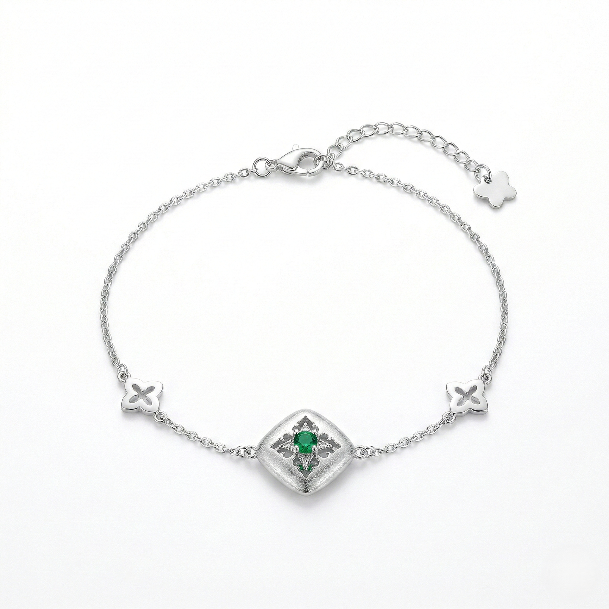LUXE 925 Sterling Silver Geometric Emerald Green Centerpiece Chain Bracelet Jewellery for Women