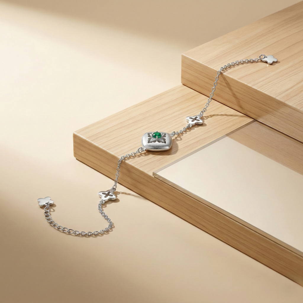 AGOR LUXE 925 Sterling Silver Geometric Emerald Green Centerpiece Chain Bracelet Jewellery for Women