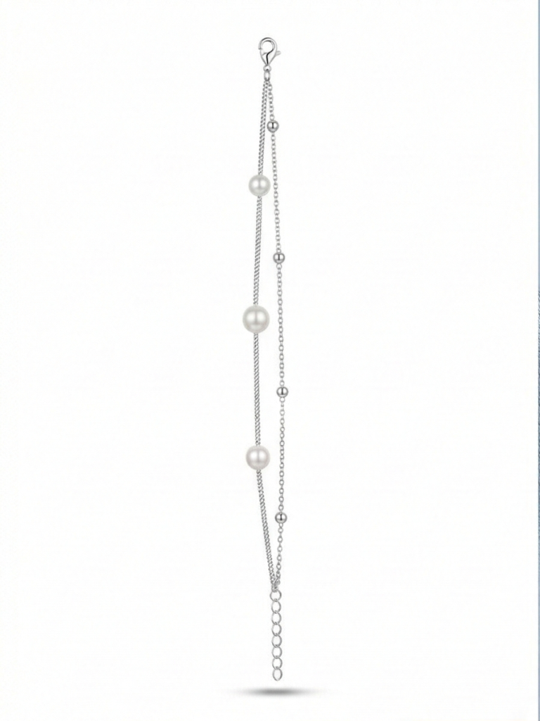 AGOR LUXE 925 Sterling Silver Double Layer Pearl and Bead Chain Bracelet Jewellery for Women