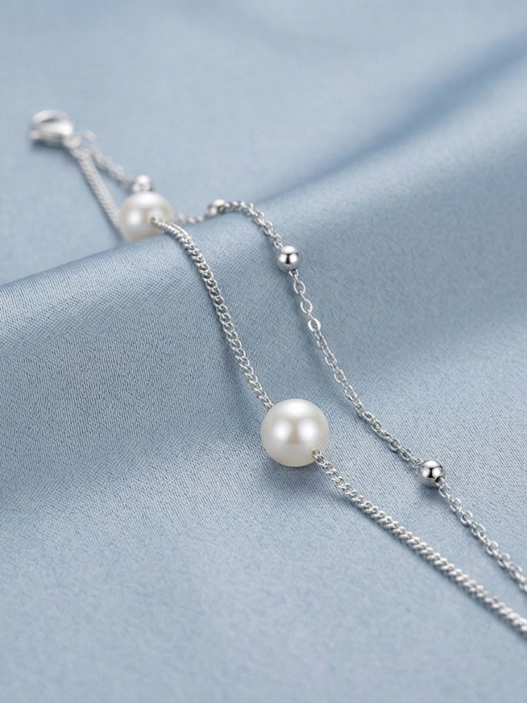 AGOR LUXE 925 Sterling Silver Double Layer Pearl and Bead Chain Bracelet Jewellery for Women