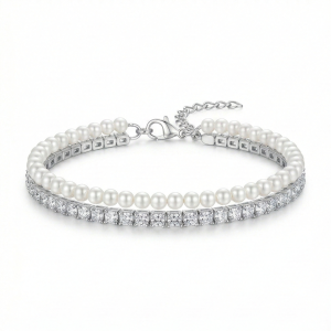 AGOR LUXE 925 Sterling Silver Double Strand Pearl and Sparkle Tennis Bracelet Jewellery for Women