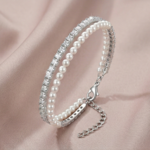 AGOR LUXE 925 Sterling Silver Double Strand Pearl and Sparkle Tennis Bracelet Jewellery for Women