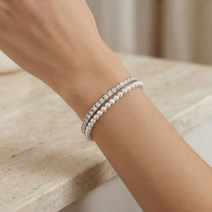 AGOR LUXE 925 Sterling Silver Double Strand Pearl and Sparkle Tennis Bracelet Jewellery for Women