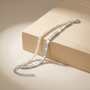 AGOR LUXE 925 Sterling Silver Double Strand Pearl and Sparkle Tennis Bracelet Jewellery for Women