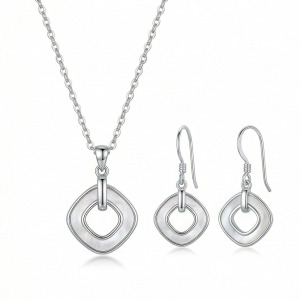 AGOR LUXE 925 Sterling Silver Geometric Open Square Pearl Inlay Pendant and Drop Earrings Jewellery Set for Women