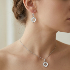 AGOR LUXE 925 Sterling Silver Geometric Open Square Pearl Inlay Pendant and Drop Earrings Jewellery Set for Women