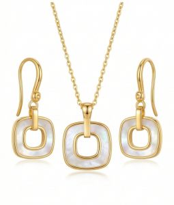 AGOR LUXE 925 Sterling Silver Yellow Gold Plated Geometric Open Square MOP Inlay Pendant and Drop Earrings Jewellery Set