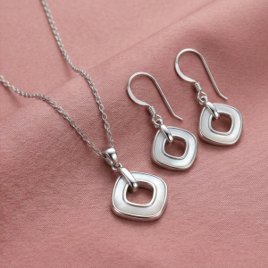 AGOR LUXE 925 Sterling Silver Geometric Open Square Pearl Inlay Pendant and Drop Earrings Jewellery Set for Women