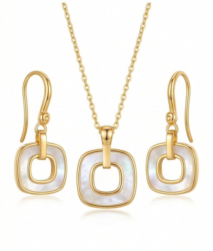 AGOR LUXE 925 Sterling Silver Yellow Gold Plated Geometric Open Square MOP Inlay Pendant and Drop Earrings Jewellery Set