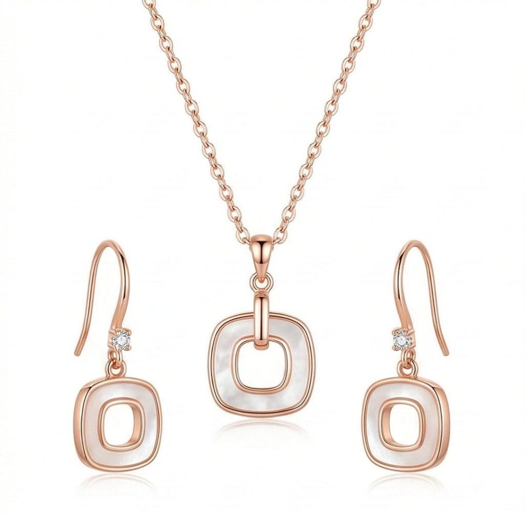 AGOR LUXE 925 Sterling Silver Rose Gold Plated Geometric Open Square Pendant and Drop Earrings Jewellery Set for Women