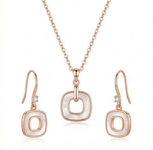 AGOR LUXE 925 Sterling Silver Rose Gold Plated Geometric Open Square Pendant and Drop Earrings Jewellery Set for Women