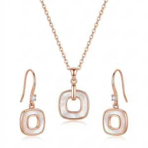 LUXE 925 Sterling Silver Rose Gold Plated Geometric Open Square Pendant and Drop Earrings Jewellery Set for Women